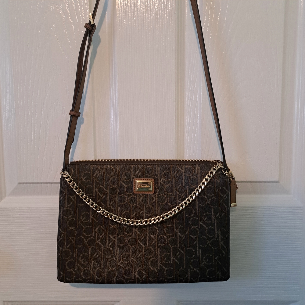 Calvin Klein Brown Monogram Crossbody with Gold Chain